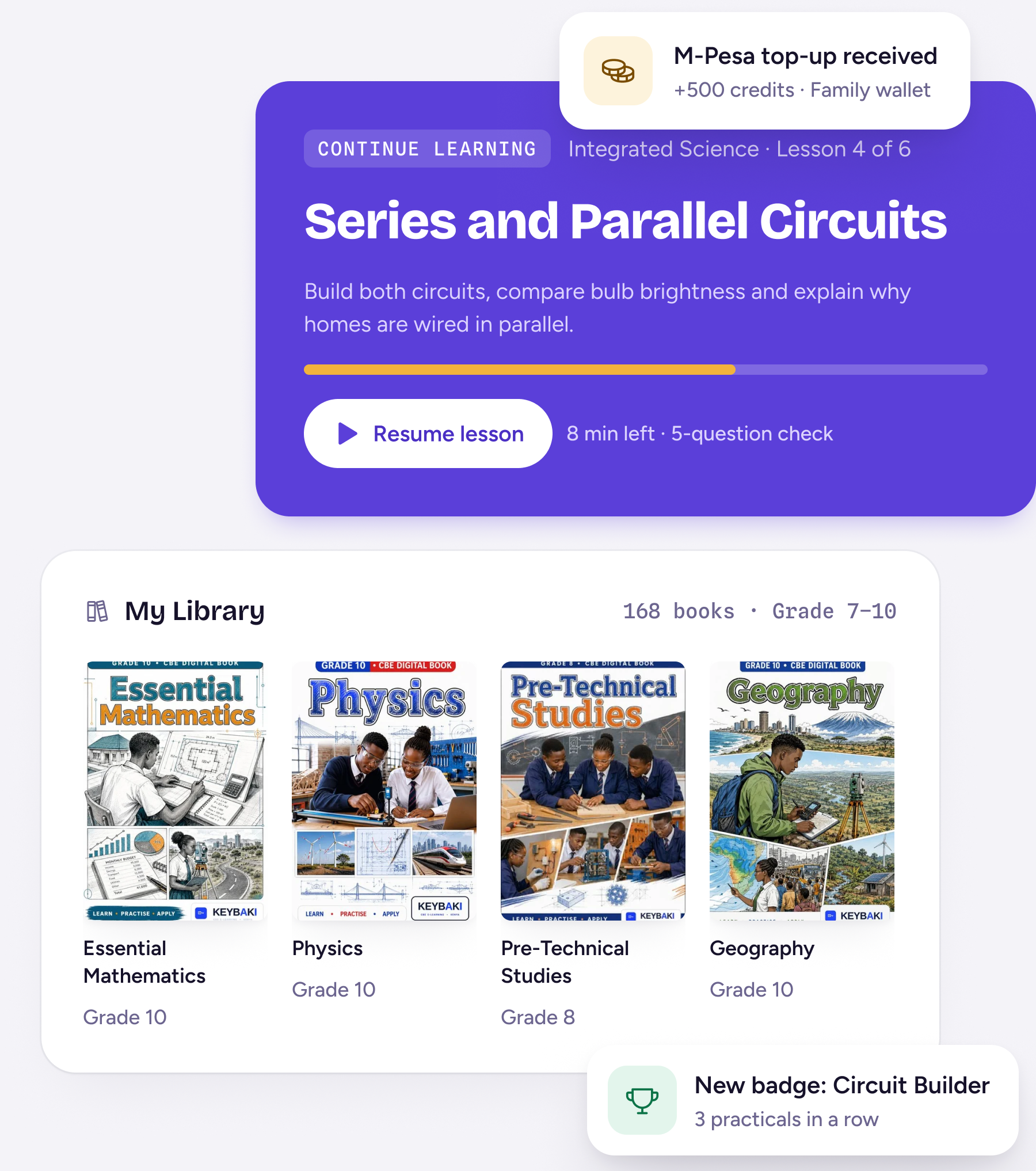 Keybaki learning app: resume a science lesson, browse the digital library, top up with M-Pesa, and earn learning badges